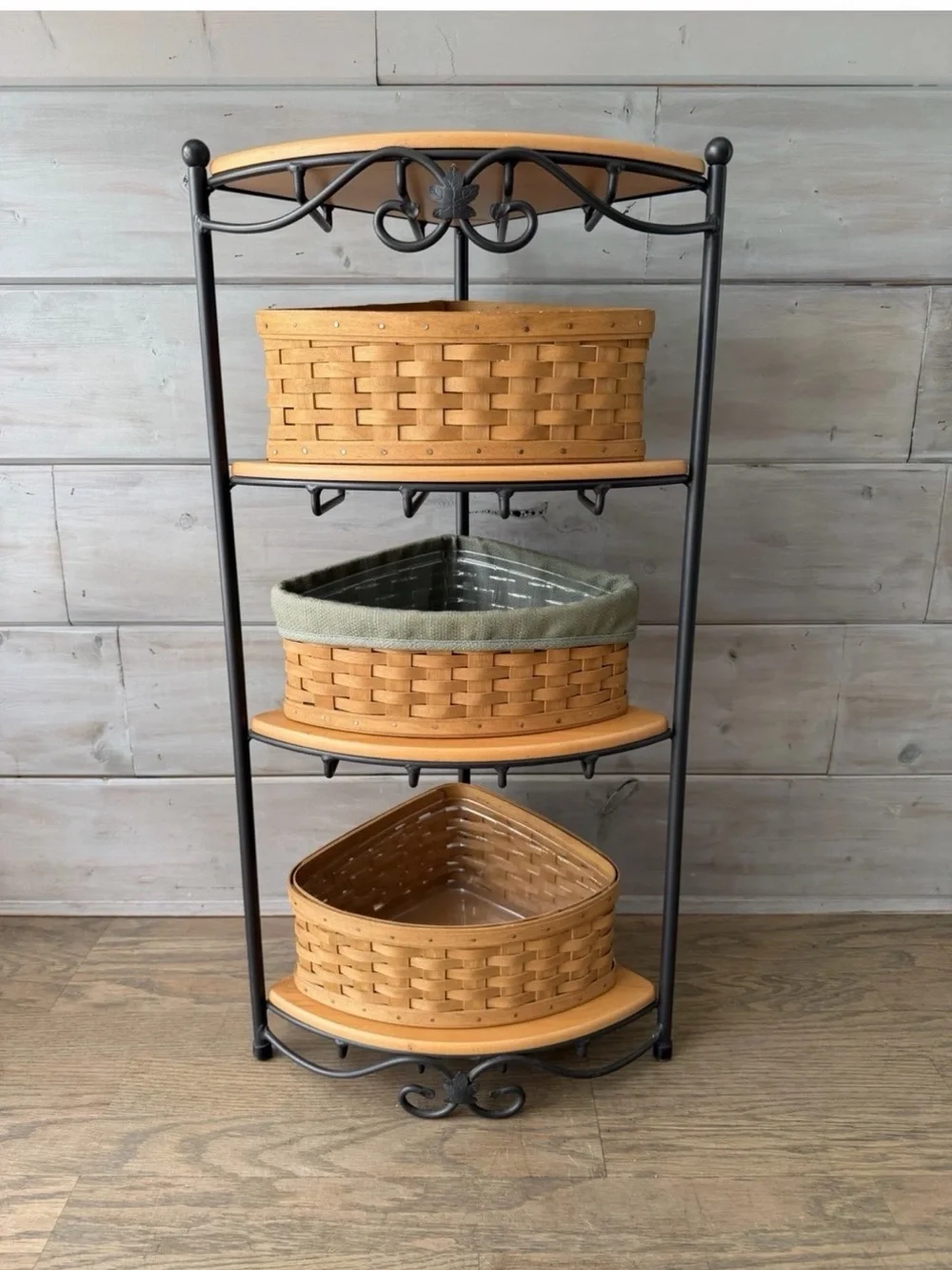 Longaberger Wrought Iron Large Corner Rack Stand & 4 woodcrafts shelves & Basket
